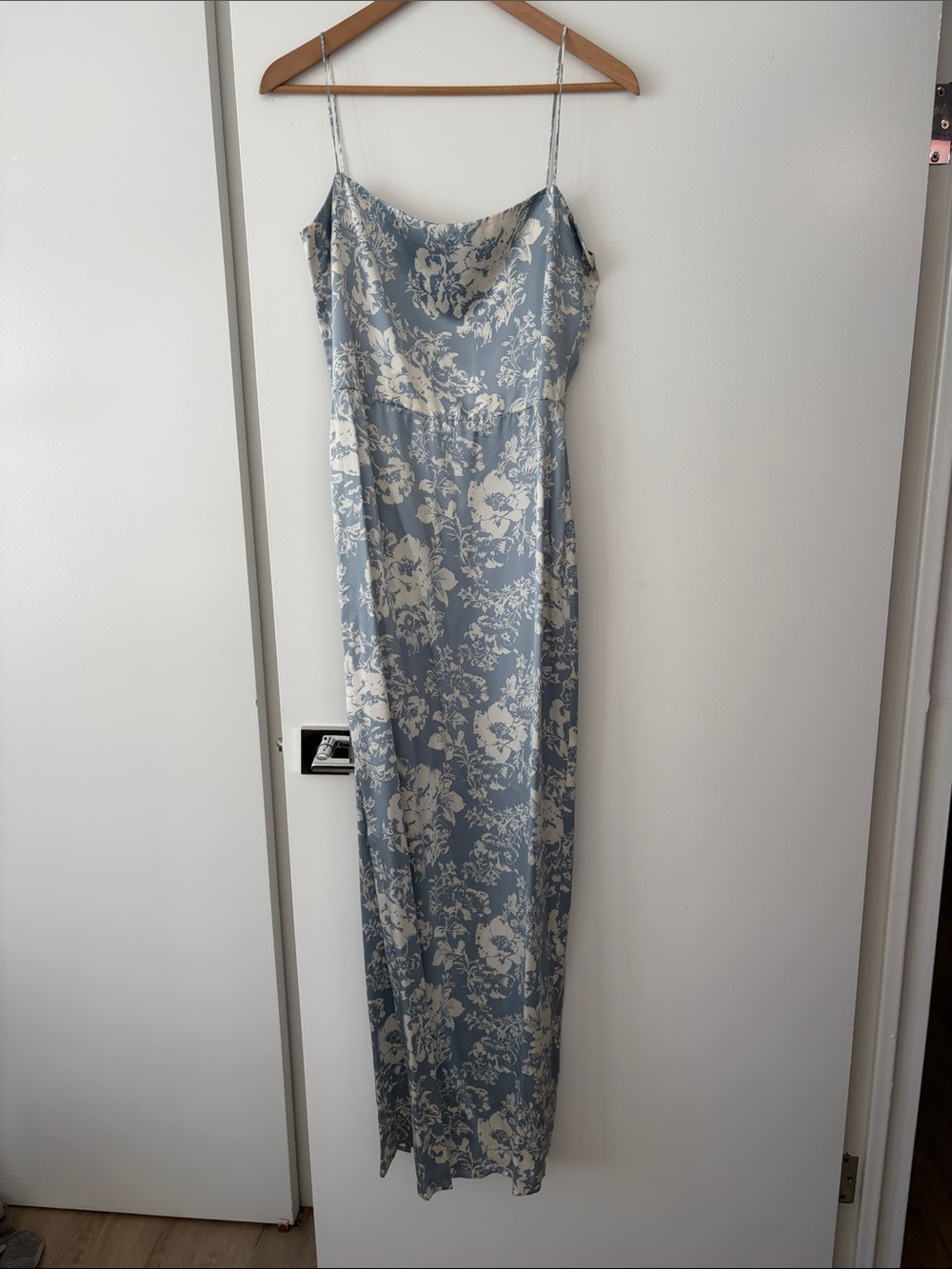 Reformation Dusty Blue Floral Slip Maxi Dress with Cream Print